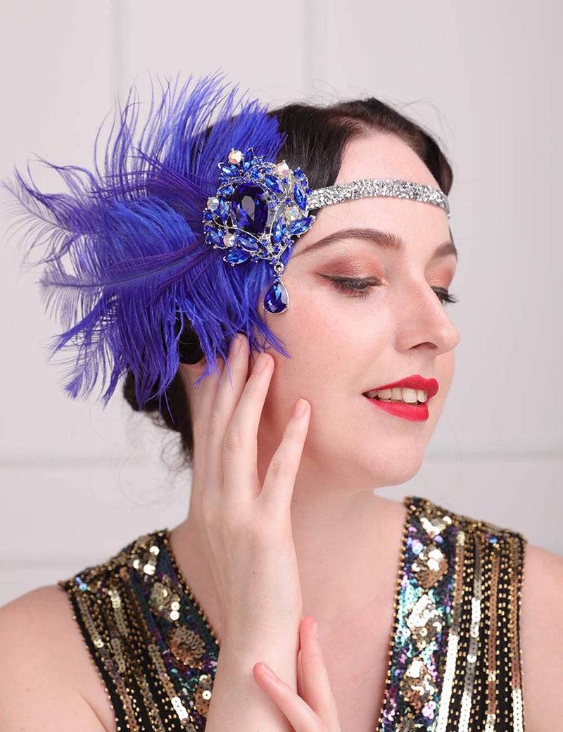 Aimimier 1920s Flapper Feather Headband Royal Blue Sapphire Headpiece with Sparkling Crystal Head Chain Masquerade Hair Accessories for Women - Image 1